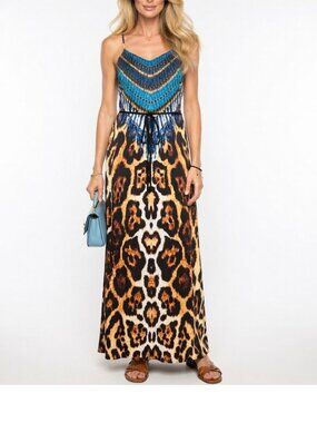 Leopard tribal split maxi dress new